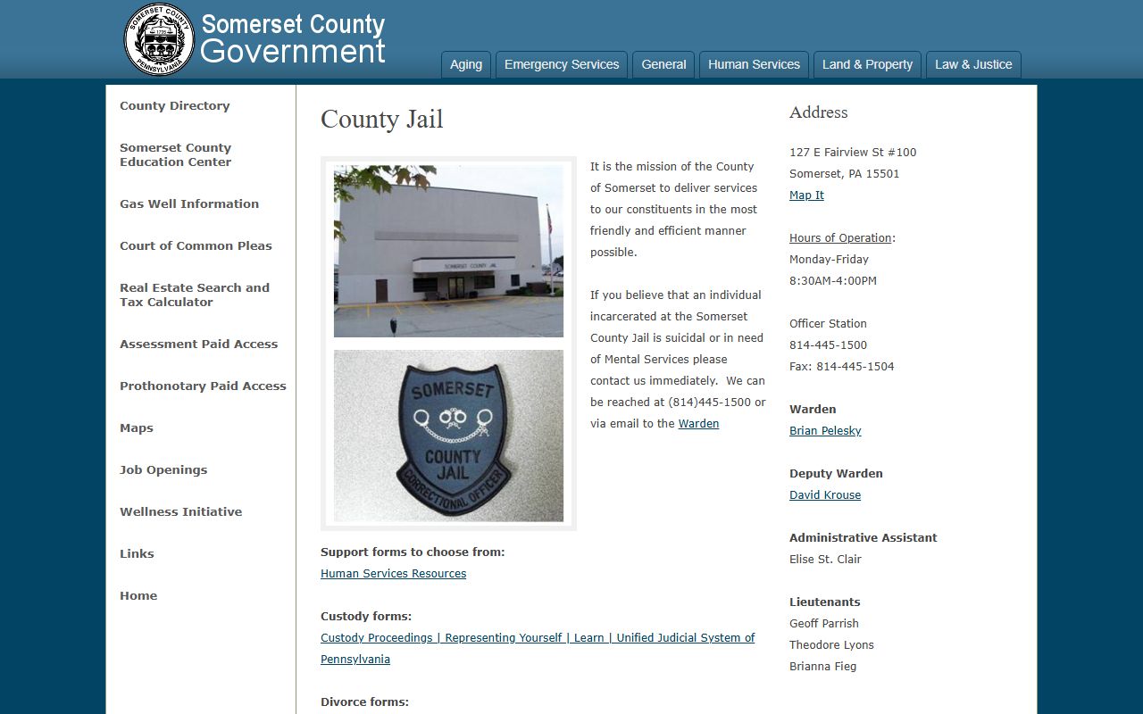 Somerset County Jail inmate lookup official county page