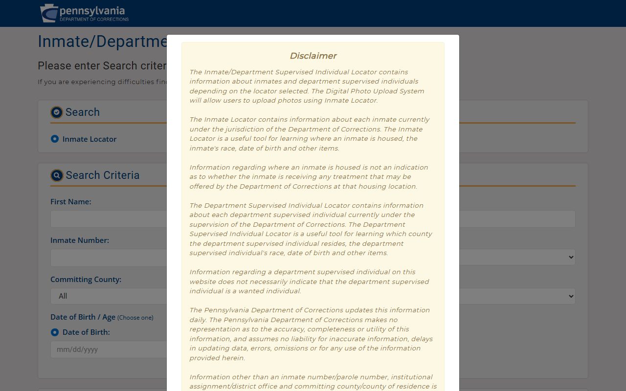 Somerset County inmate records in the PA DOC locator for state custody
